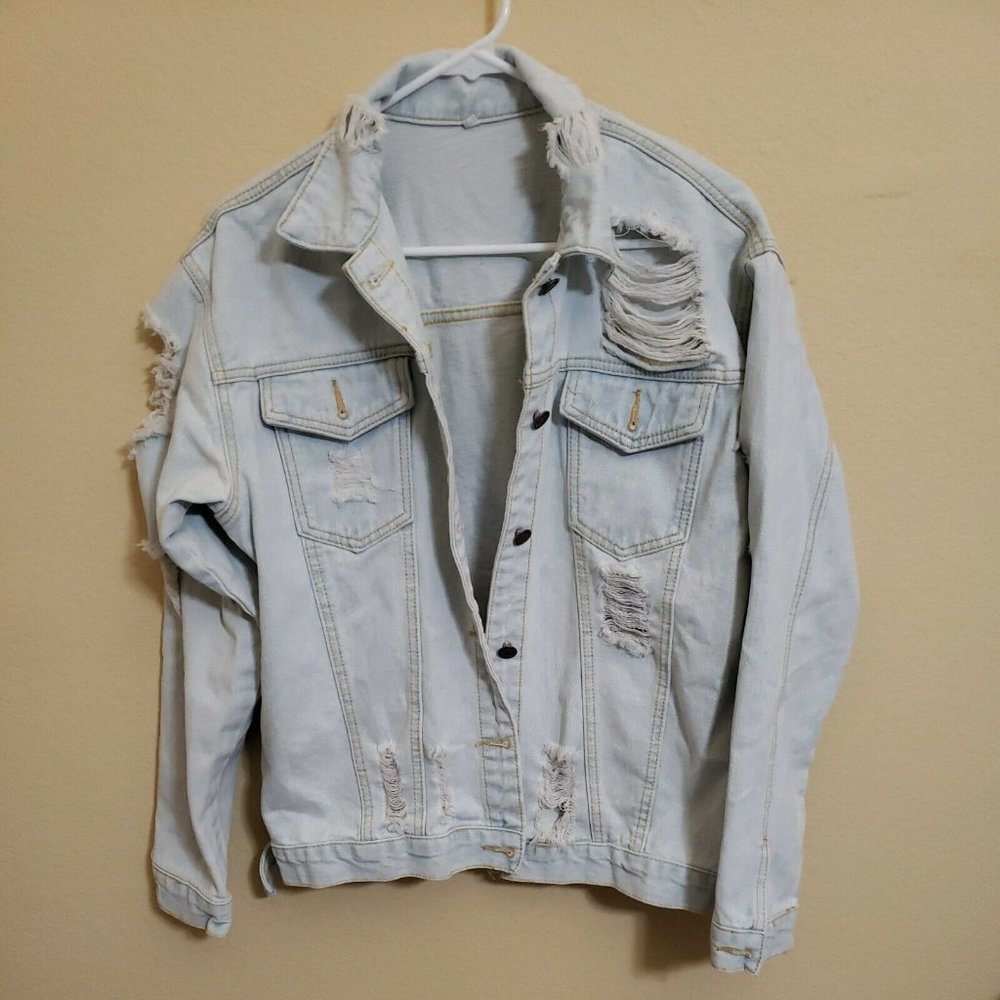 Shein white Denim Jacket Ripped raw Denim front flap pockets M distressed y2k